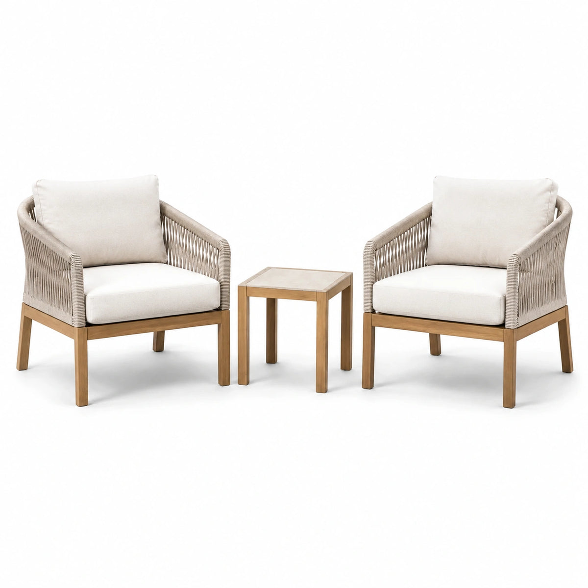 3-teiliges Gartenmöbel-Set mit 2 Sesseln und Beistelltisch aus Holz und Seilgeflecht, Beige/Natur, Sessel 65 × 70 × 78 cm, Tisch 45 × 45 × 48 cm