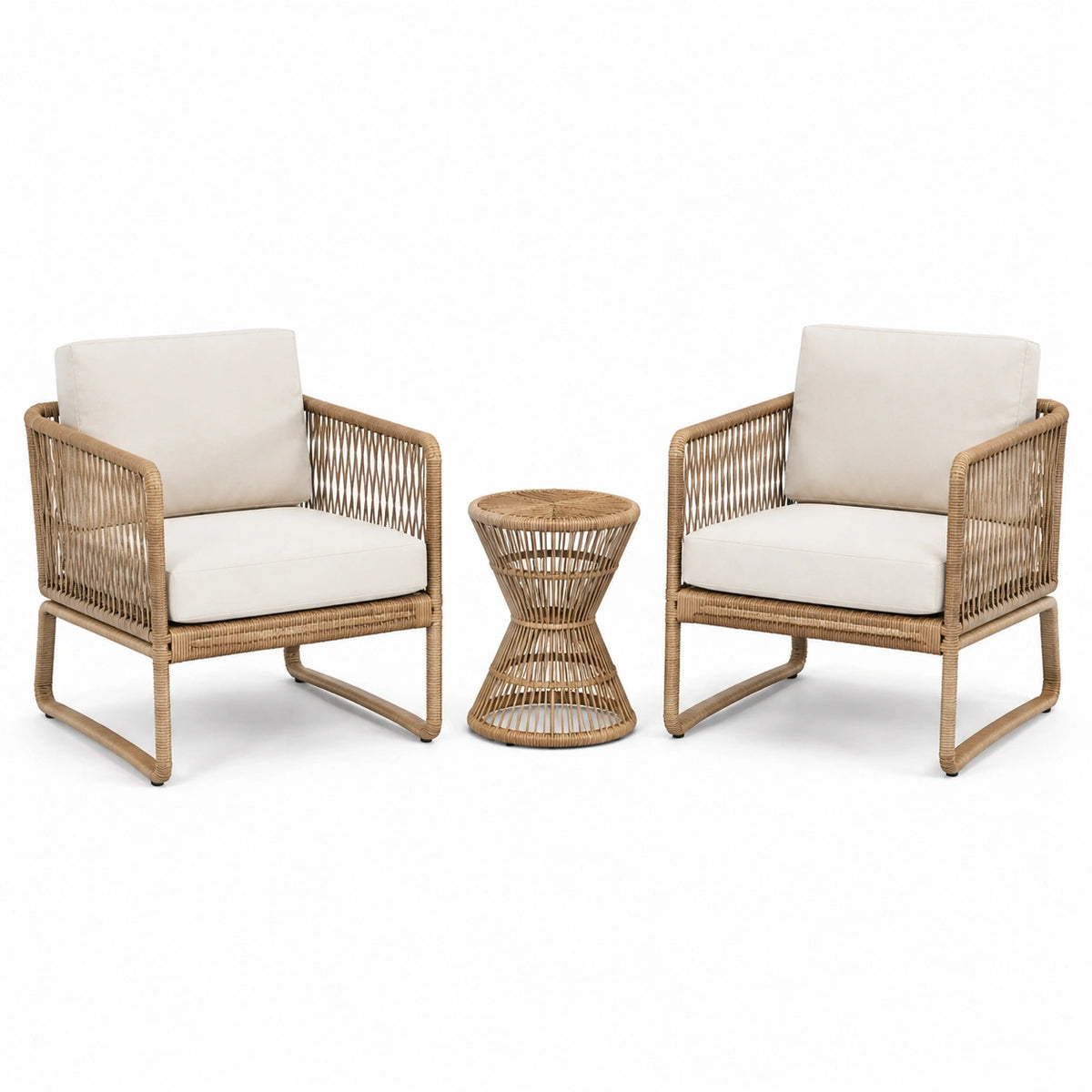 3-teiliges Set in Natur/Creme mit 2 Sesseln und rundem Beistelltisch, Sessel 71 × 76 × 78 cm