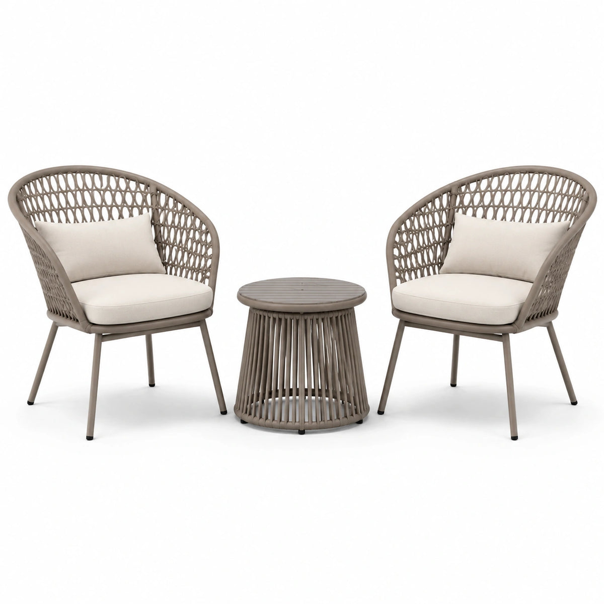 3-teiliges Gartenmöbelset in Taupe/Creme mit 2 Sesseln und rundem Beistelltisch, Sessel 72 × 68 × 86 cm, Tisch 55 × 55 cm