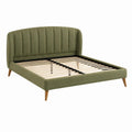 Retro-Polsterbett 160 × 200 cm in Olivgrün mit Bouclé-Bezug, Lattenrost und Holzfüßen, 215 × 170 × 110 cm