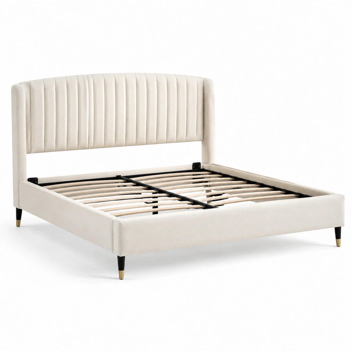 Gepolstertes Bettgestell 160 × 200 cm in Creme, 214 × 174 × 120 cm, mit Lattenrost und vertikal gestepptem Kopfteil