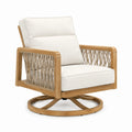 Drehbarer Loungesessel 82 × 82 × 92 cm aus Naturholz mit Seilgeflecht und weißen Polstern