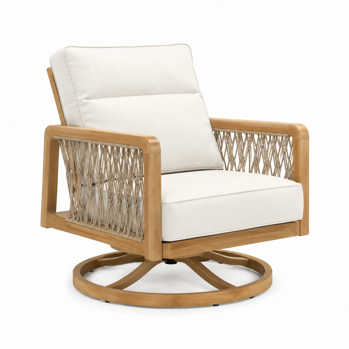 Drehbarer Loungesessel 82 × 82 × 92 cm aus Naturholz mit Seilgeflecht und weißen Polstern