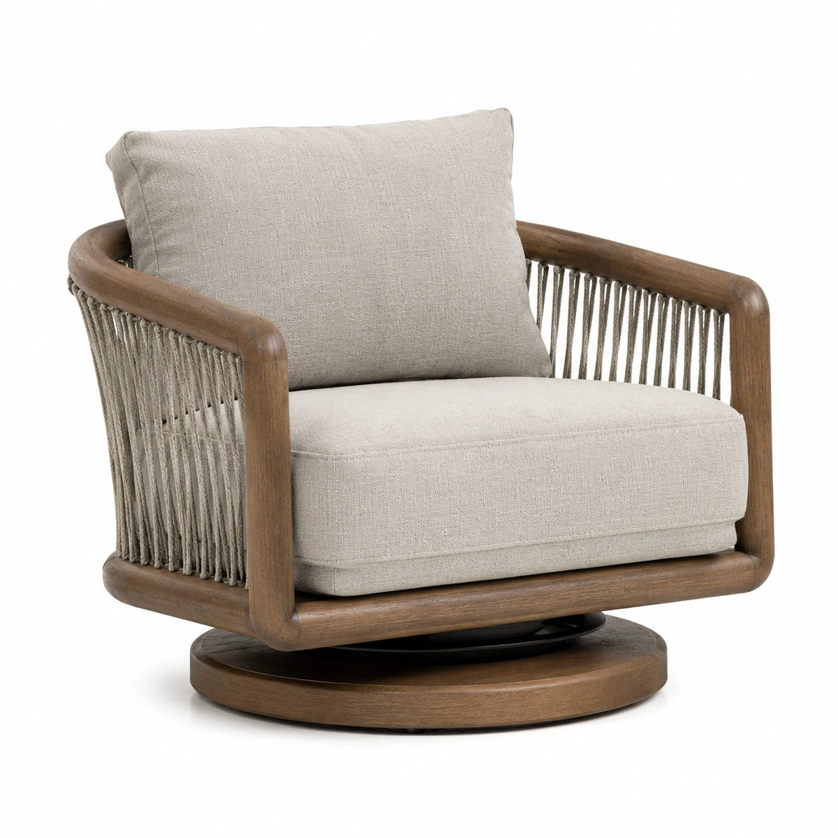 Drehbarer Holzsessel mit Kordelbespannung und Polsterung, 82 × 78 × 78 cm, Braun/Beige