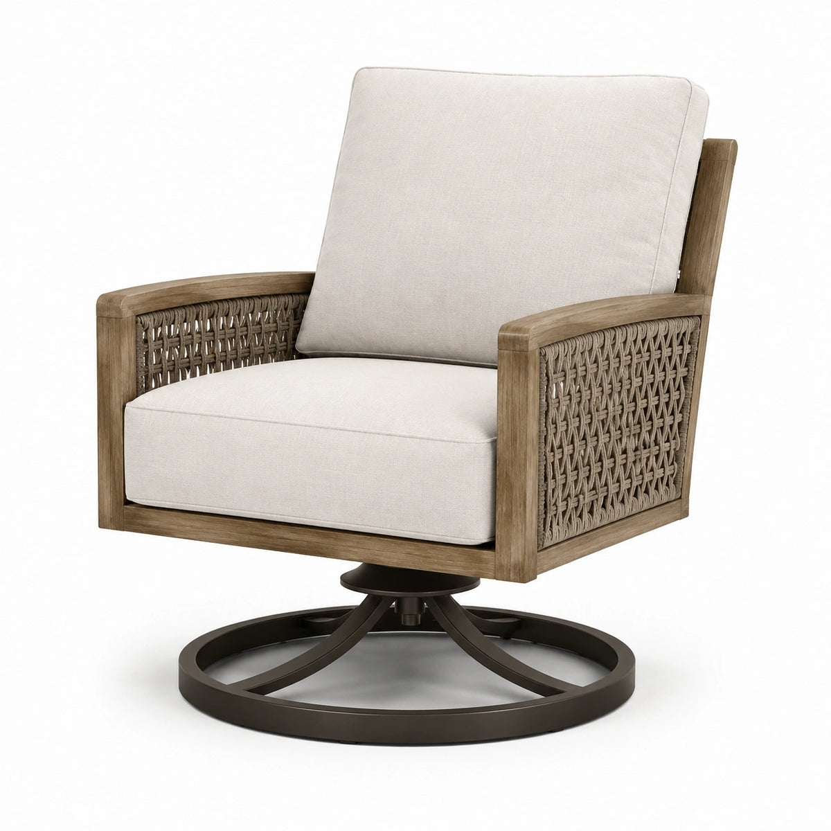 Drehbarer Sessel aus Holz, Geflecht und Metall in Beige, Braun und Schwarz, 82 × 82 × 93 cm