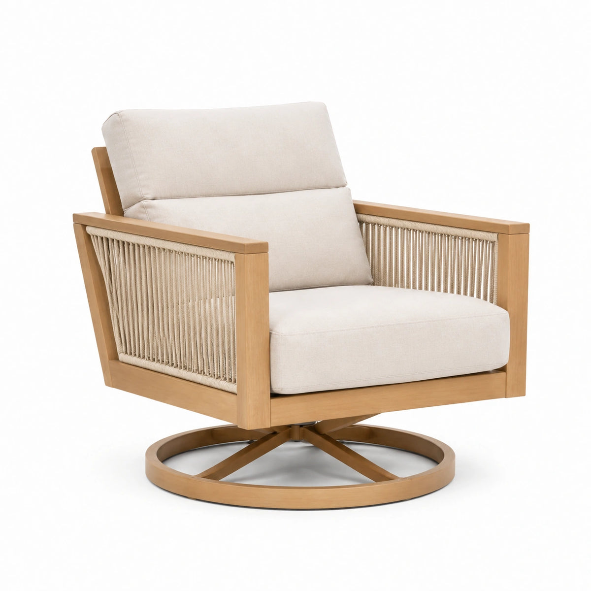 Drehbarer Sessel aus Naturholz mit beiger Textilpolsterung, 82 × 88 × 92 cm