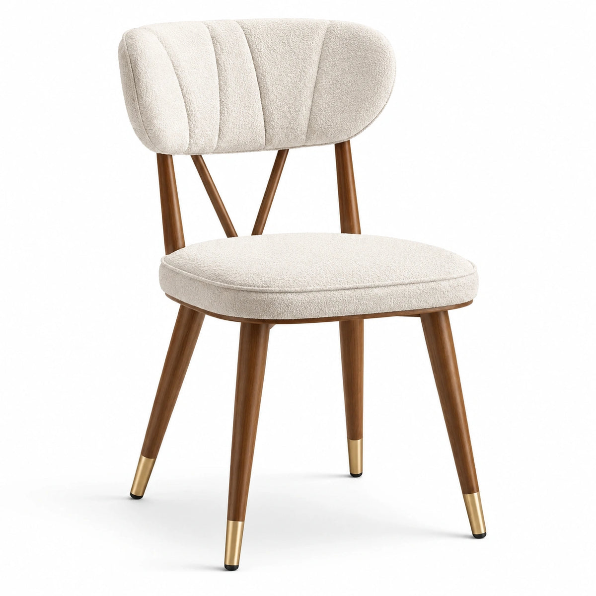 Gepolsterter Stuhl 50 x 55 x 82 cm mit Bouclébezug in Creme, Holzgestell und goldfarbenen Endkappen