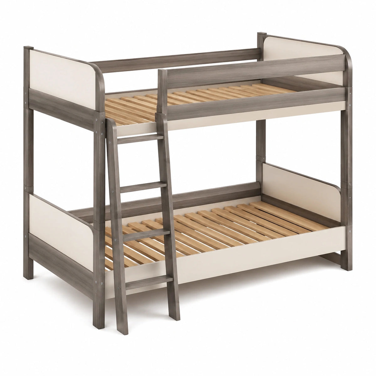 Etagenbett aus Holz, 208 × 98 × 160 cm, für Matratzen 90 × 200 cm, Grau/Beige, mit Leiter und Lattenrosten