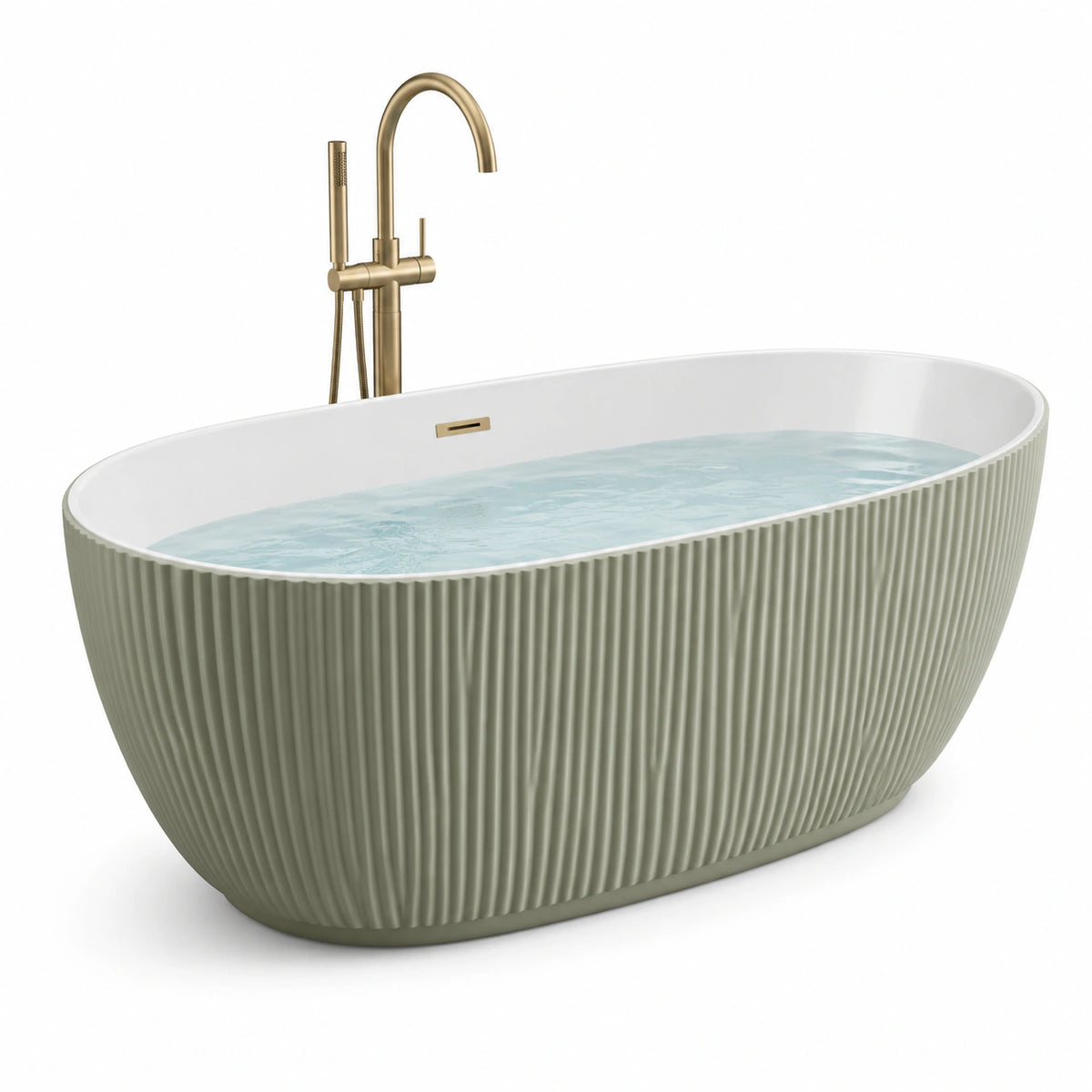 Ovale Acryl-Badewanne 170 × 75 × 58 cm mit geriffelter Oberfläche, Salbeigrün/Weiß