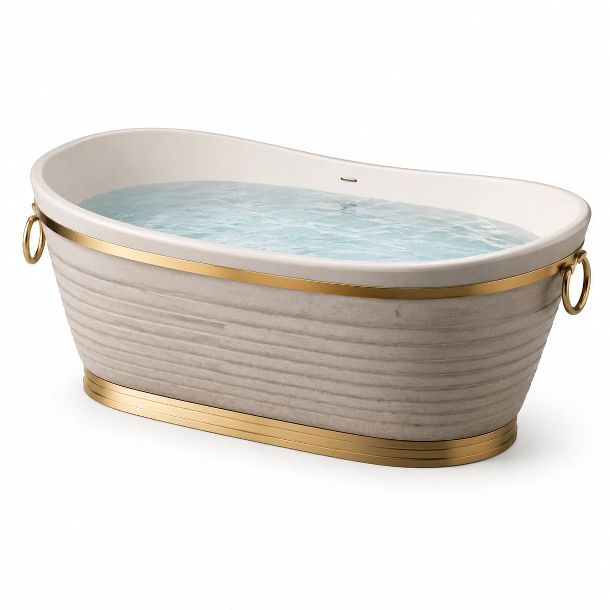 Freistehende Badewanne 170 × 80 × 58 cm in Steinoptik Beige mit goldfarbenen Akzenten