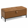 Gepolsterte Aufbewahrungsbank in brauner Lederoptik mit schwarzem Metallgestell, 110 × 45 × 48 cm
