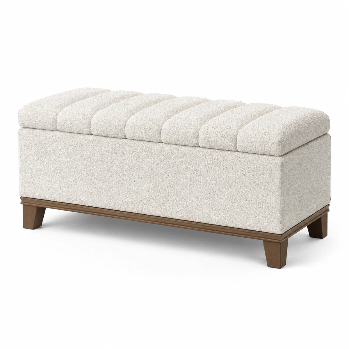 Gepolsterte Bouclé-Sitzbank mit Holzbeinen, Creme/Braun, 120 × 45 × 48 cm