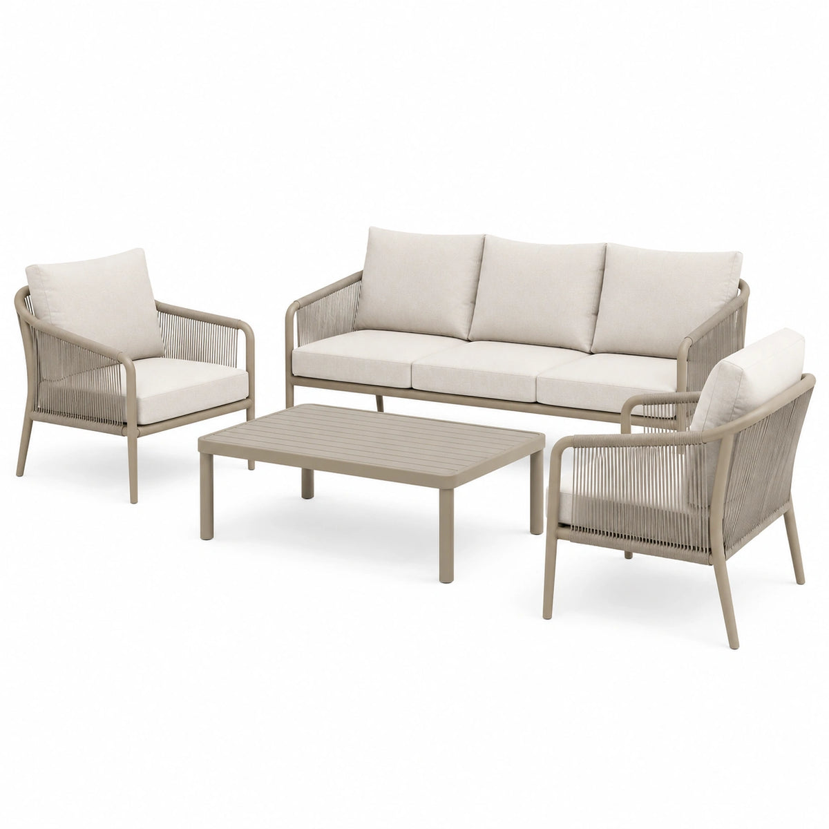 4-teiliges Gartenlounge-Set in Beige und Cremeweiß, Metallgestell mit Seilgeflecht, Sofa 195 x 75 x 78 cm, Sessel 72 x 75 x 78 cm, Tisch 120 x 60 x 42 cm