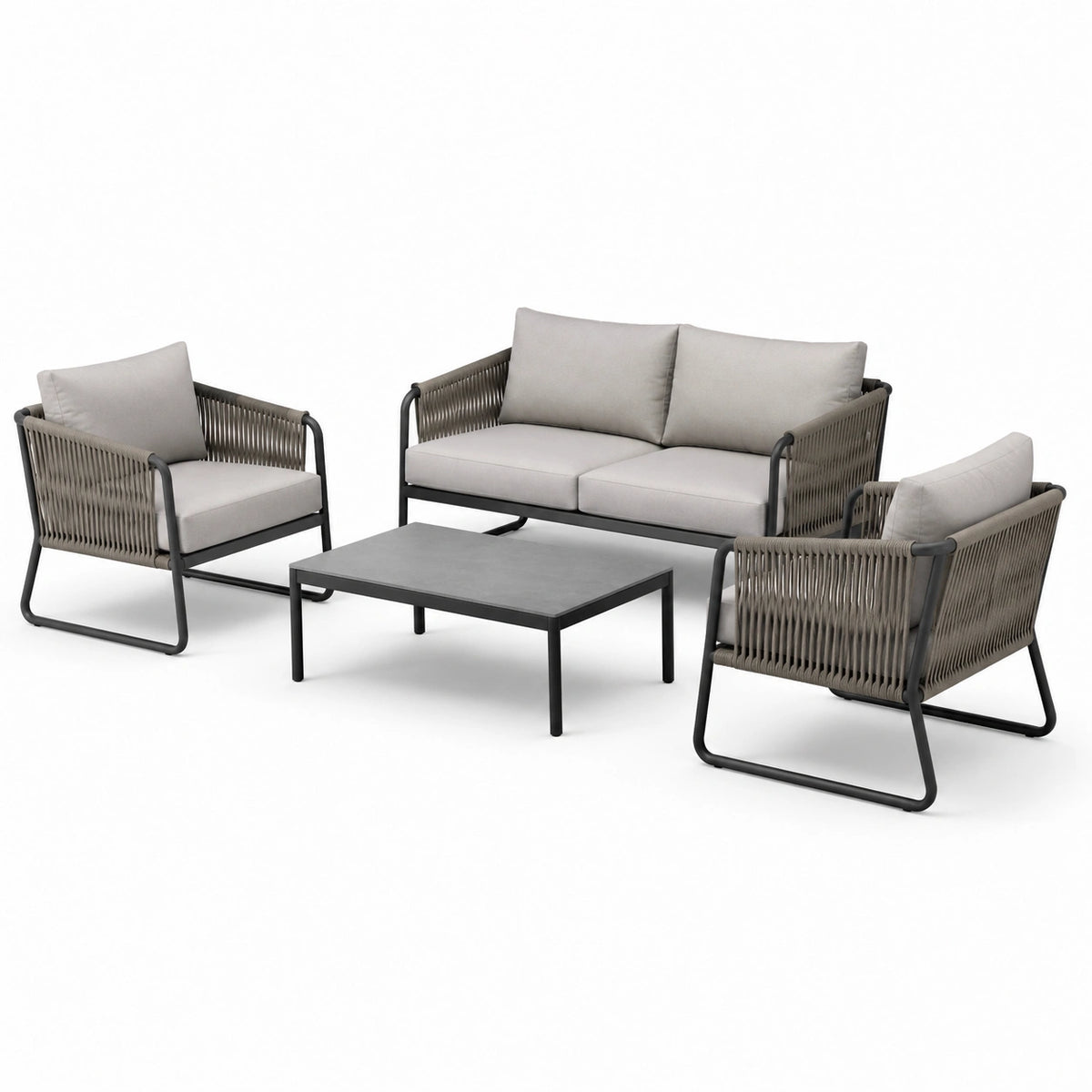 4-teiliges Gartenmöbel-Set Grau/Schwarz mit Metallgestell und Seilgeflecht, Zweisitzer 124 × 72 × 75 cm