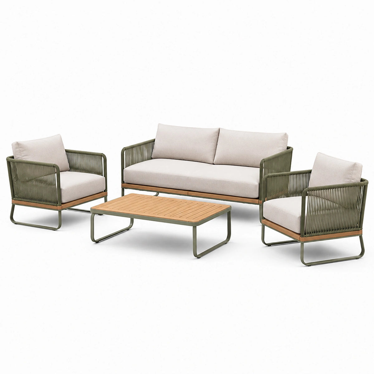 4-teiliges Gartenlounge-Set Grün/Beige/Natur, Zweisitzer 190 × 75 × 76 cm