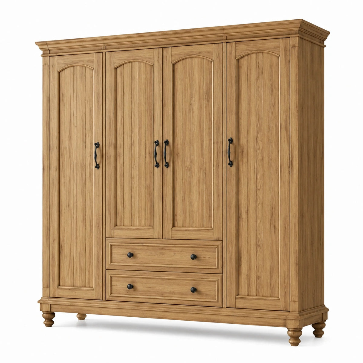 Landhaus-Kleiderschrank aus Naturholz mit schwarzen Metallgriffen, 4 Türen, 2 Schubladen, 200 × 60 × 220 cm