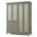 Salbeigrüner Schrank 180 × 55 × 200 cm mit Riffelglas, 4 Drehtüren und 3 Schubladen