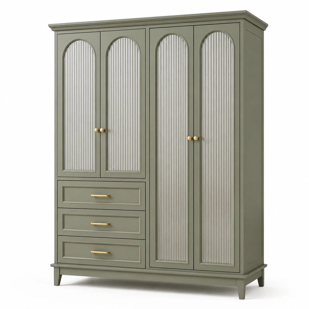 Salbeigrüner Schrank 180 × 55 × 200 cm mit Riffelglas, 4 Drehtüren und 3 Schubladen