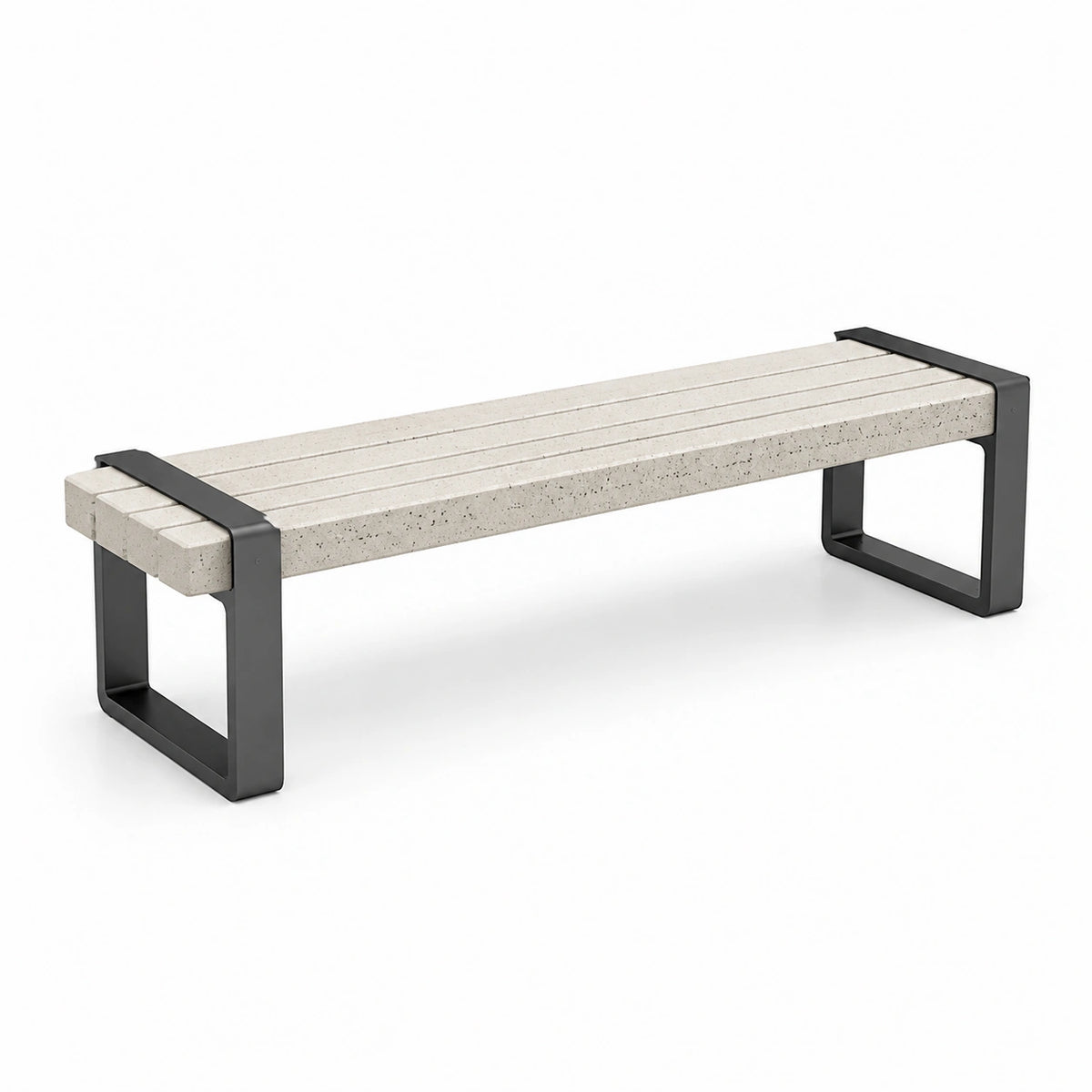Moderne Gartenbank aus Beton und Metall, Hellgrau/Schwarz, 180 × 40 × 45 cm