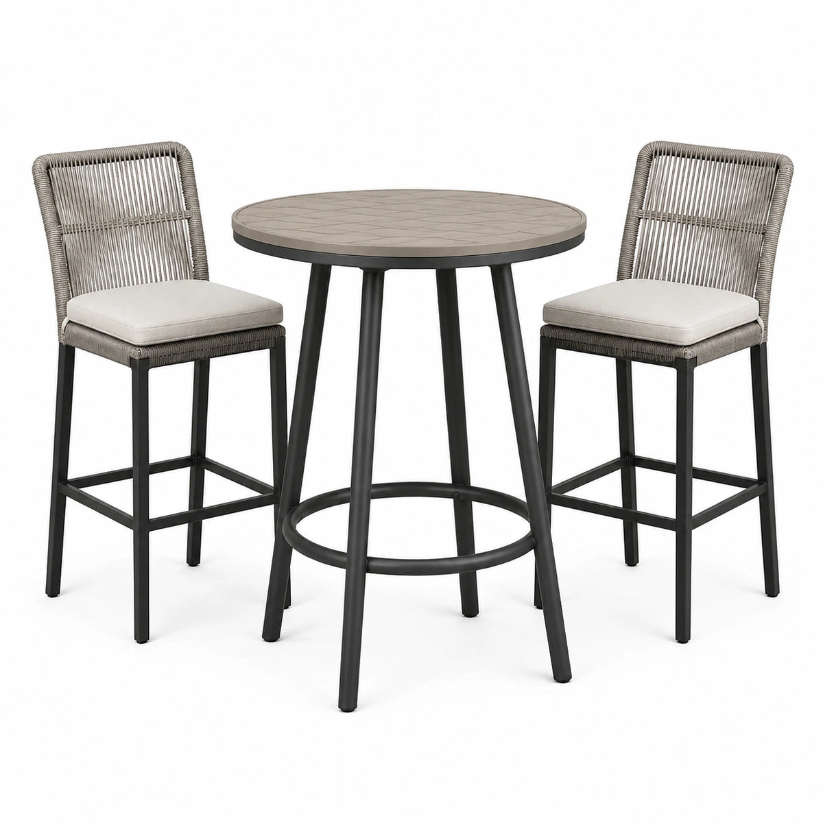 3-teiliges Bar-Set, Stehtisch Ø 60 × 100 cm und 2 Sitzplätze 45 × 52 × 105 cm, Grau/Schwarz/Hellgrau