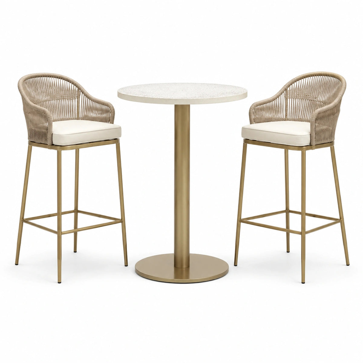 3-teiliges Bar-Set mit rundem Tisch Ø 80 × 105 cm und 2 Barstühlen 60 × 59 × 108 cm, Beige/Creme/Gold/Weiß