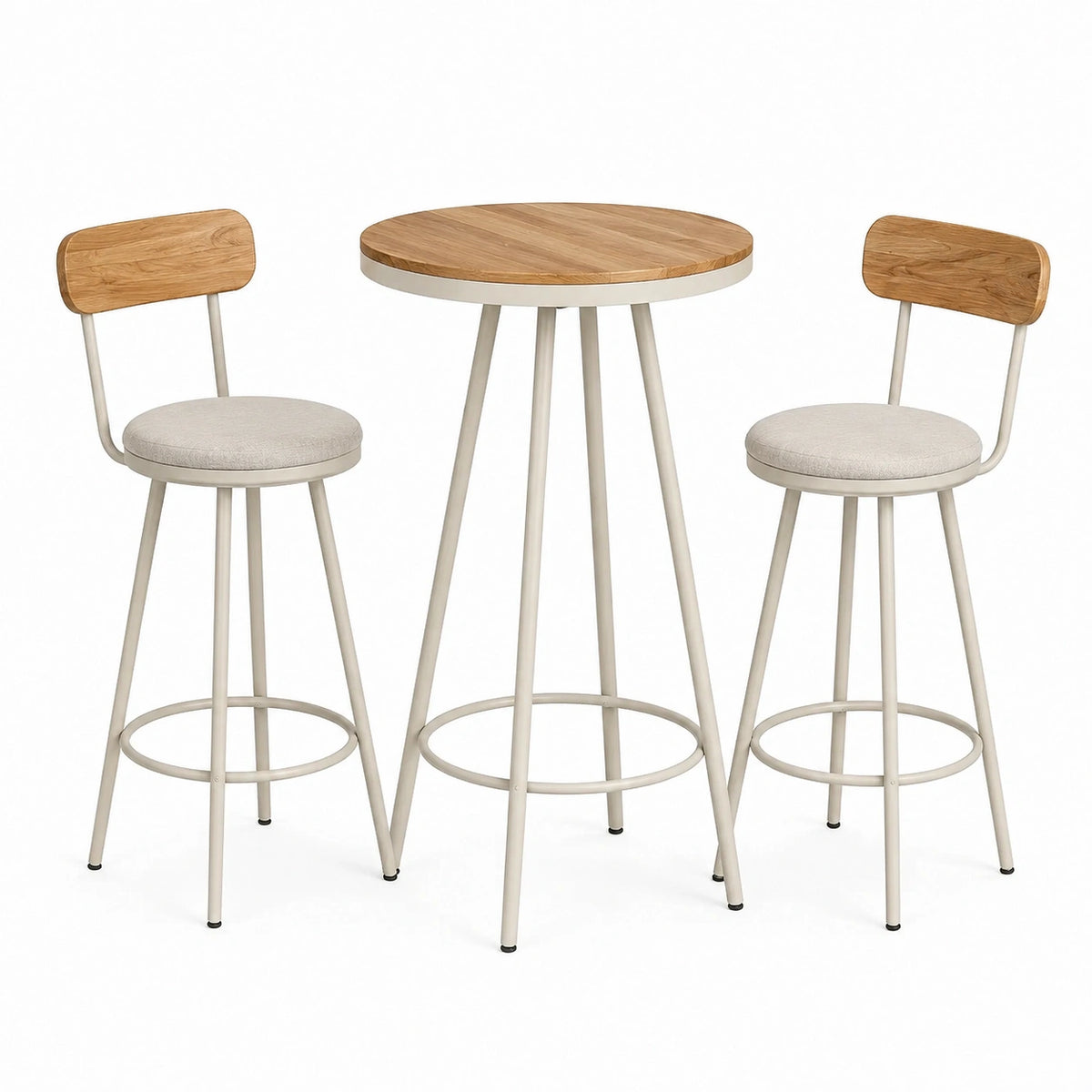 3-teiliges Bartisch-Set in Natur/Creme, runder Tisch Ø 60 × 102 cm mit 2 gepolsterten Hockern 40 × 40 × 75 cm